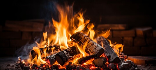 Close up of crackling firewood burning in rustic fireplace, creating cozy atmosphere