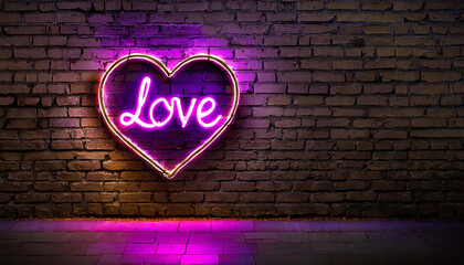 A neon sign with the inscription love, hung on a dark brick wall.