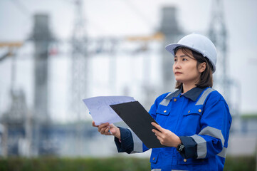 Asian woman petrochemical engineer working at oil and gas refinery plant industry factory,The people worker man engineer work control at power plant energy industry manufacturing