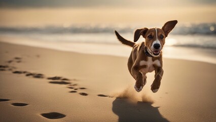 puppy on the beach An energetic puppy dog running along a sandy beach, with gentle waves lapping at its paws   - obrazy, fototapety, plakaty
