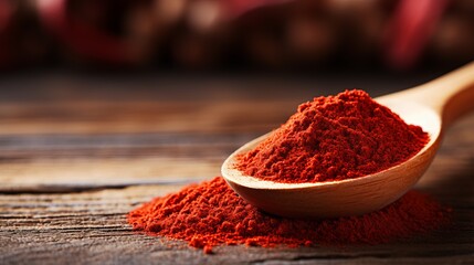Vibrant paprika powder in spoon on wooden surface with copy space banner for food and spice concepts