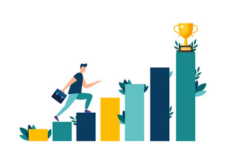 Vector illustration, people are running towards their goal on the stairs or columns, moving up to their dreams. Motivation, the path to achieving the goal