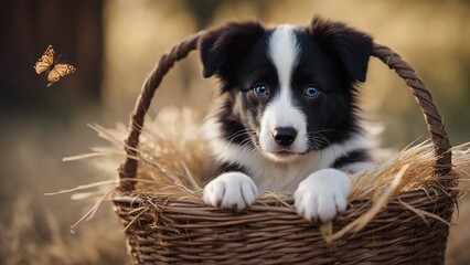 Naklejka na ściany i meble border collie puppy An adorable Border Collie puppy sitting in a basket adorned with ribbons, with a backdrop of a rustic country 