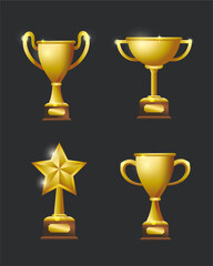 Set of golden awards trophies and cups