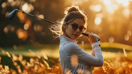 Young woman golfer poised to swing on a sunlit autumnal golf course