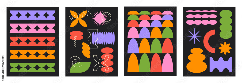 Poster abstract retro set colorful backgrounds with brutal geometric shapes on a black background. trendy v