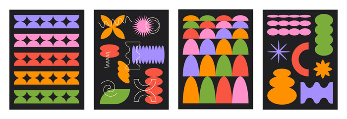 Abstract retro set colorful backgrounds with brutal geometric shapes on a black background. Trendy vector illustration