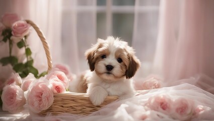 puppy sitting on a bed  fluffy reddish Havanese puppy with sparkling eyes, wearing a tiny bow, sitting in a basket  