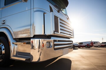 silver tractor unit with reflective surfaces in sunlight