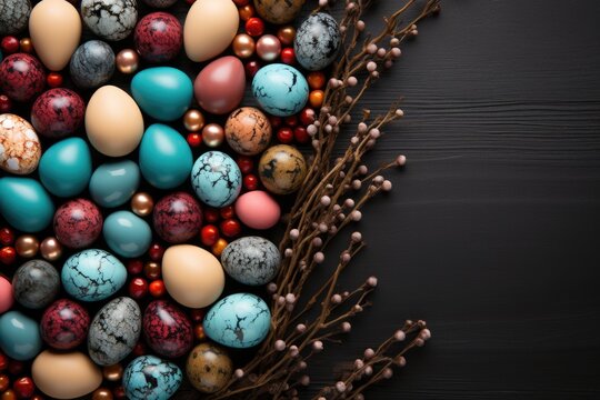 Top down view of an Easter eggs and chocolate eggs