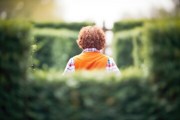 solitary figure contemplating next move in a hedge maze junction