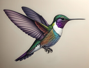 Zeichnung eines fliegenden Kolibris mit einem lila Hals und einer weißen Brust - obrazy, fototapety, plakaty