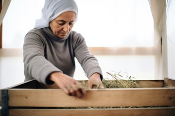 woman arranging olive branches in a wooden crate