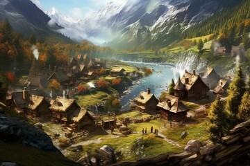 A small settlement nestled in a beautiful valley surrounded by mountains. Generative AI