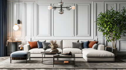 American style living room interior, wall mockup. Generative Ai