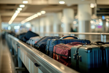 Passengers' Luggage Suitcase Travelling Bags On Conveyor Belt In Airport