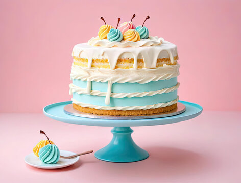 Pop Art Vanilla Cake - Photorealistic illustration of an elegant minimalistic vanilla cake being admired and photographed Gen AI