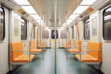 row of empty subway seats with bright lighting - obrazy, fototapety, plakaty