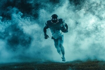 A determined man sprints through a foggy field, his breath visible in the crisp outdoor air, as he chases victory on the football field