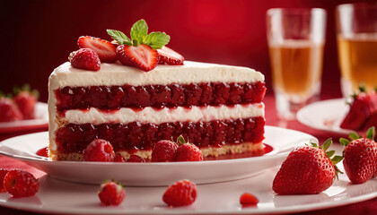 Decadent Red Velvet Cake Slice Drizzled with Strawberry Icing and Topped with Fresh Strawberries