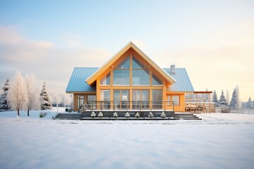 insulated wooden house in a winter landscape