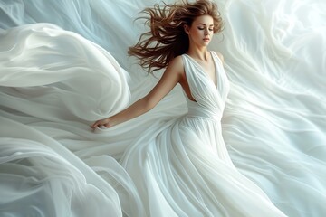 Sensual and stylish woman in a white flowing dress. Generative Ai. - obrazy, fototapety, plakaty