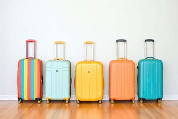 hardshell suitcases in vibrant colors lined up