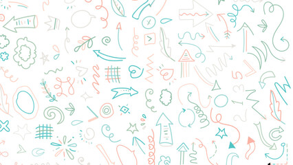 Various sketchy Doodle Arrows, Direction pointers Shapes and Objects. Freehand colorful Lines, curves, dots, spiral. Brush stroke style. Grunge texture. Hand drawn abstract Vector set