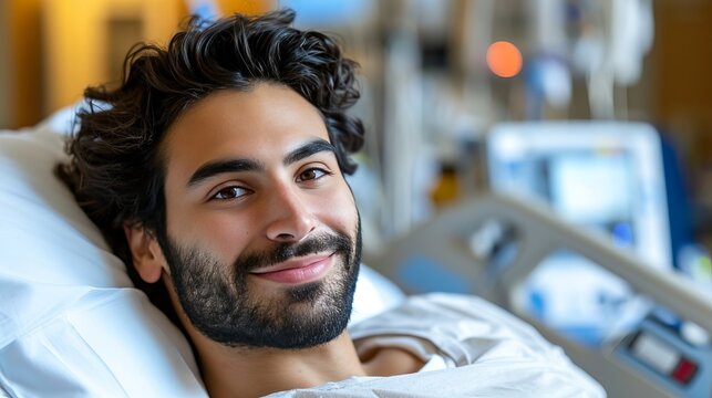 Joyful man with a bright smile lying comfortably on a hospital bed dressed in a white patient gown