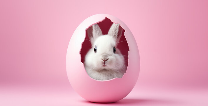 lindo conejito blanco saliendo por un agujero de un huevo de pascual rosa, sobre fondo rosa. Concepto celebraciones