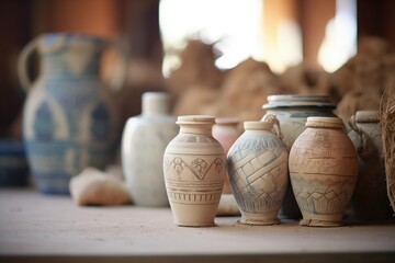 intact pottery jars labeled in a forgotten script - obrazy, fototapety, plakaty