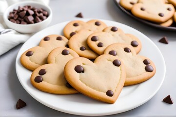 heart shaped chocolate chip cookies on a plate