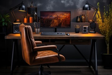 A shot of Home Office Desk And Chair With Desktop Computer Generative AI