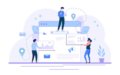 Vector illustration, flat style, business promotion, marketing strategy. Website landing page. people working together.