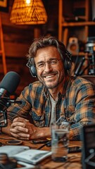 Obraz premium An image depicts a cheerful, middle-aged male podcaster sitting with his legs crossed in a studio, having a good time conversing with an unidentified guest
