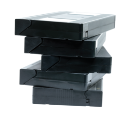 Heap of retro old analog video cassettes, isolated on white background, top view, retro things concept