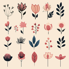 Minimalstic Flower graphic set Vector illustration, flowers with leaves vector