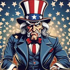 Uncle Sam in red white and blue tuxedo with stars in the background