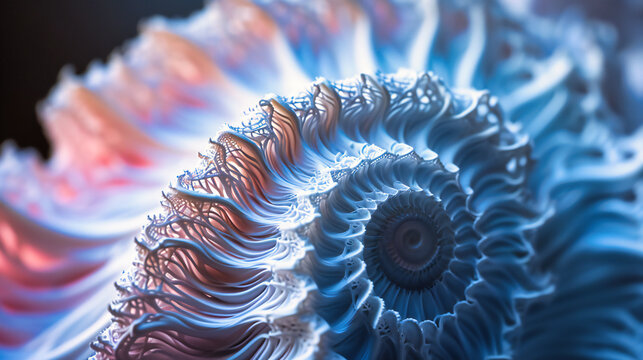Spiral Nautilus Shell Pattern, Abstract and Natural Background with Blue and Black Textures, Marine Science Concept