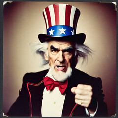 Uncle Sam with fist and stern look in portrait with vignette - obrazy, fototapety, plakaty