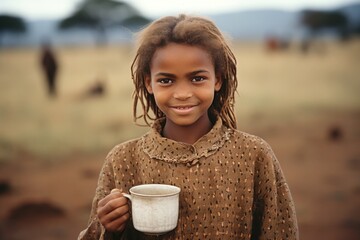 Laughing child in Africa with a mug of water, close-up, drought, water shortage problem
