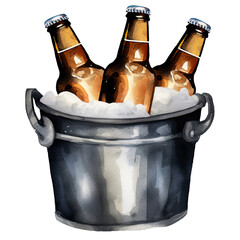 AI-generated watercolor Beer bottles in a metal bucket clip art illustration. Isolated elements on a white background.