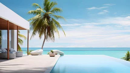 Tuinposter Tropical minimalistic mockup. Luxury panoramic view at exotic resort on turquoise seascape background. villas on beautiful beach on the ocean © Ziyan