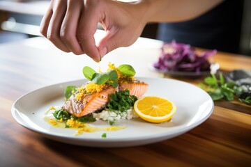 Obraz na płótnie Canvas chef garnishing grilled salmon with lemon and herbs