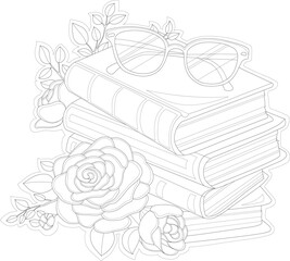 Realistic books with glasses and rose flowers graphic sketch template. Cartoon vector illustration in black and white for games. Children`s story book, fairytail, coloring paper, page, print