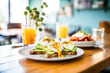breakfast with poached eggs and avocados on toast - obrazy, fototapety, plakaty