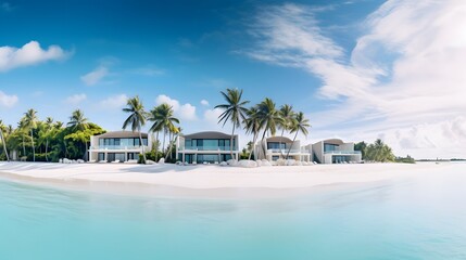 Tropical minimalistic mockup. Luxury panoramic view at exotic resort on turquoise seascape background. villas on beautiful beach on the ocean