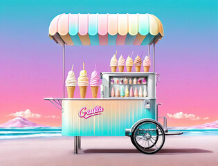 Photorealistic Illustration of Retro-Futuristic Ice Cream Cart with Vanilla Milkshake Gen AI - 718052046