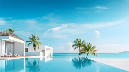 Fotobehang Tropical minimalistic mockup. Luxury panoramic view at exotic resort on turquoise seascape background. villas on beautiful beach on the ocean © Ziyan