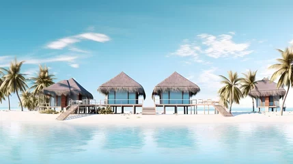 Foto op Plexiglas Tropical minimalistic mockup. Luxury panoramic view at exotic resort on turquoise seascape background. villas on beautiful beach on the ocean © Ziyan